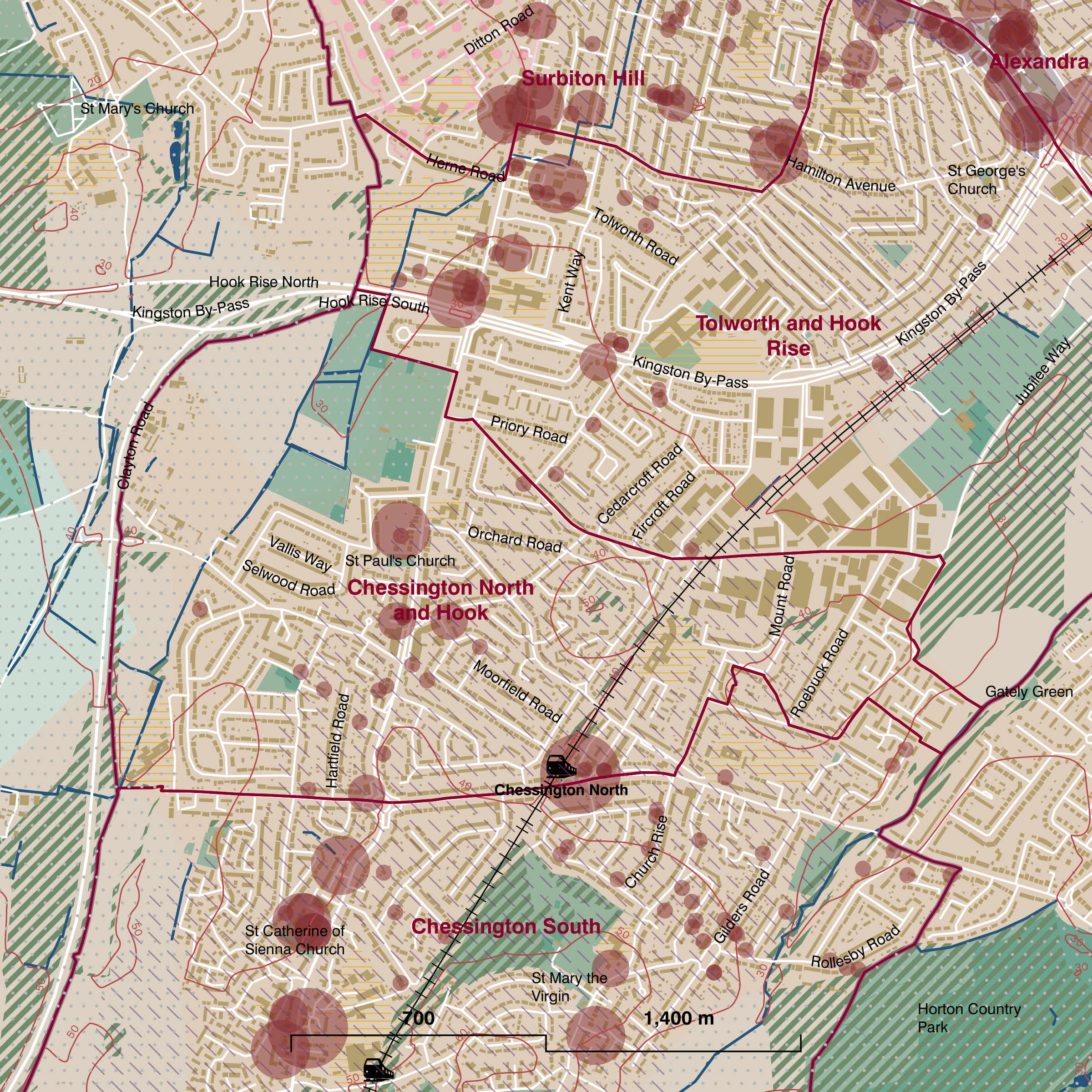 Map of Chessington North and Hook ward
